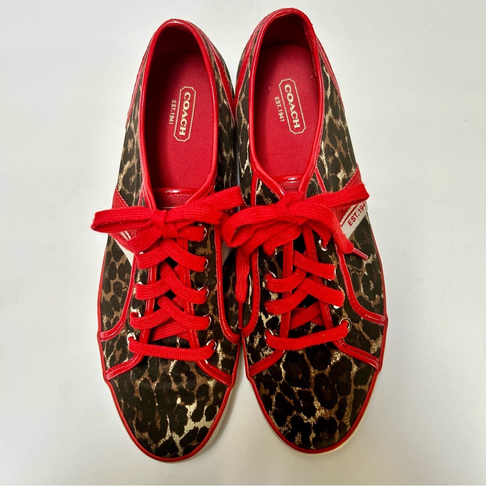 COACH DEJA Canvas Leopard Print Red Trim Sneakers Womens size 9.5M - Picture 4 of 9